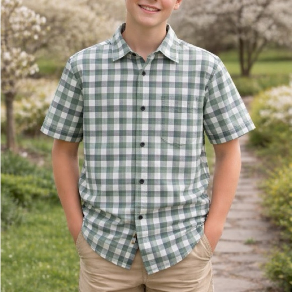 wonder nation Green and White Plaid Short-Sleeve Button-Down Shirt